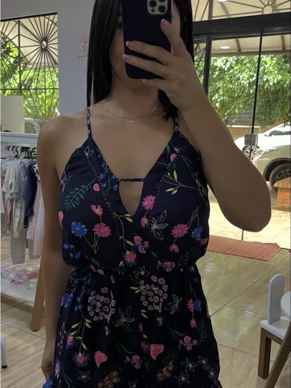Sienna Sky Navy Floral Smocked Romper with Ruffle Hem
